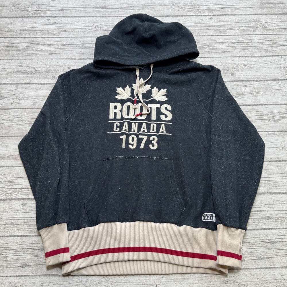 Roots Canada Hoodie Men's Large Black Salt Pepper French Terry Pullover Athletic